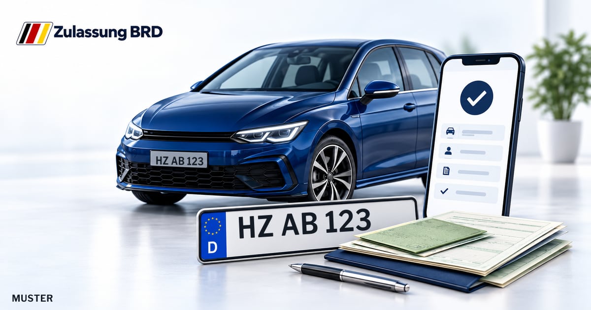Online Fahrzeugzulassung in Wernigerode: Musterkennzeichen HZ AB 123, Auto und Fahrzeugpapiere und Smartphone. Illustration mit Logo von Zulassung BRD.